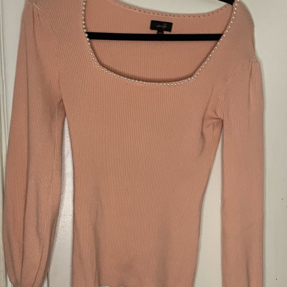 Women’s Square Neck Lantern Sleeve Light Pink Ribbed Sweater Medium